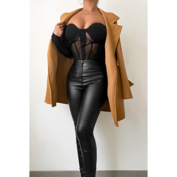 Camel Wool Blend Long Sleeve Belted Coat - Picture 8 of 11